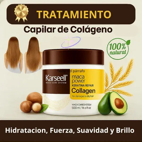 Tratamiento capilar de lujo con colágeno y 100% natural, hidratación y brillo profesional.