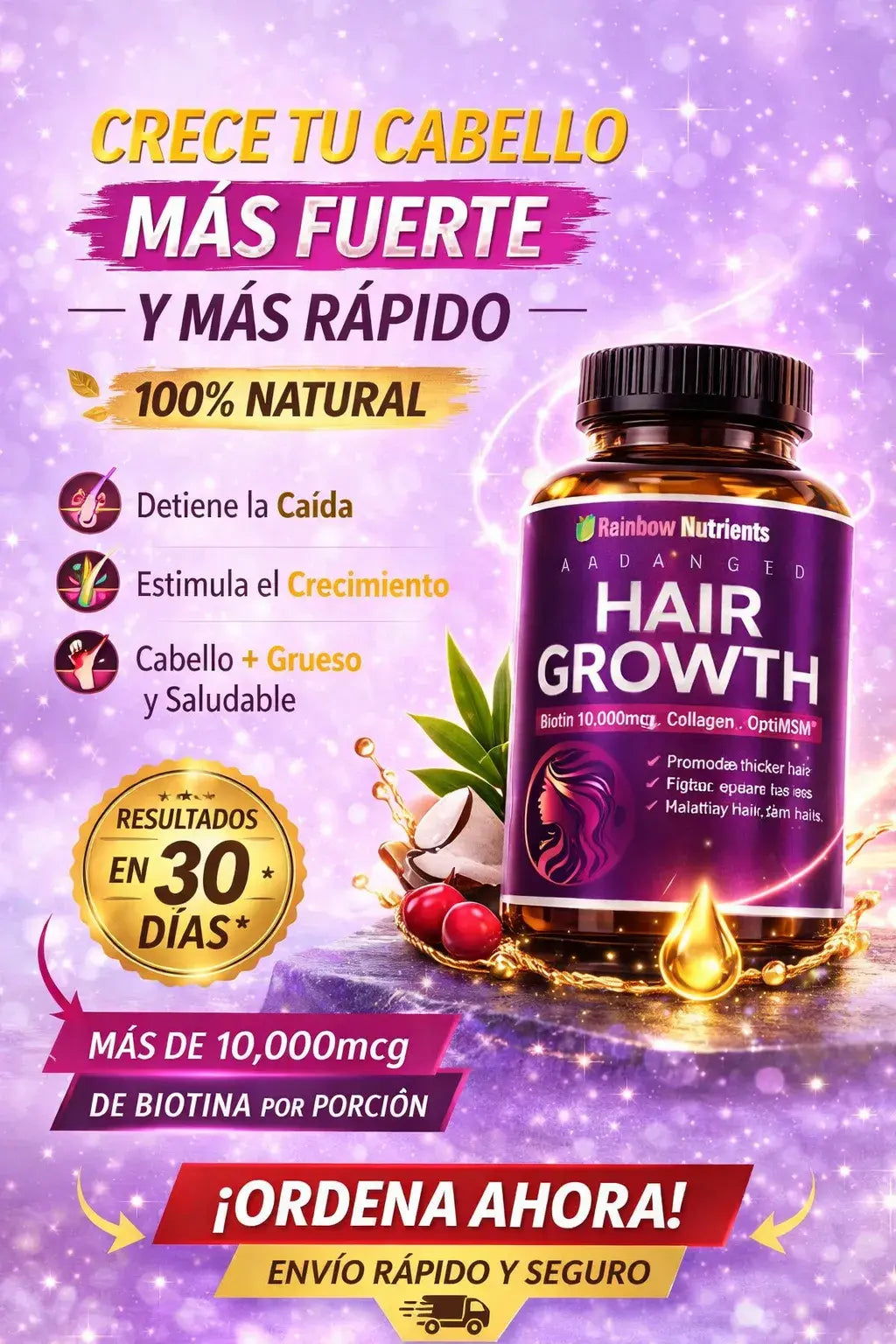 Hair Growth Advanced – Cápsulas para Crecimiento Capilar, Piel y Uñas 120 💊💜