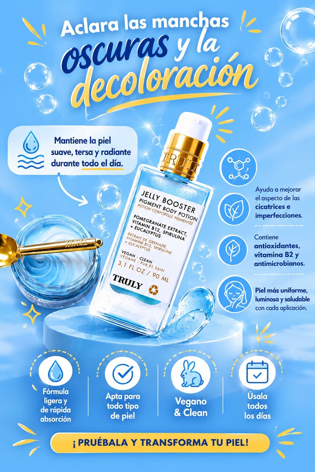 Truly Jelly Booster💙, Piel luminosa, sin manchas ni irritación
