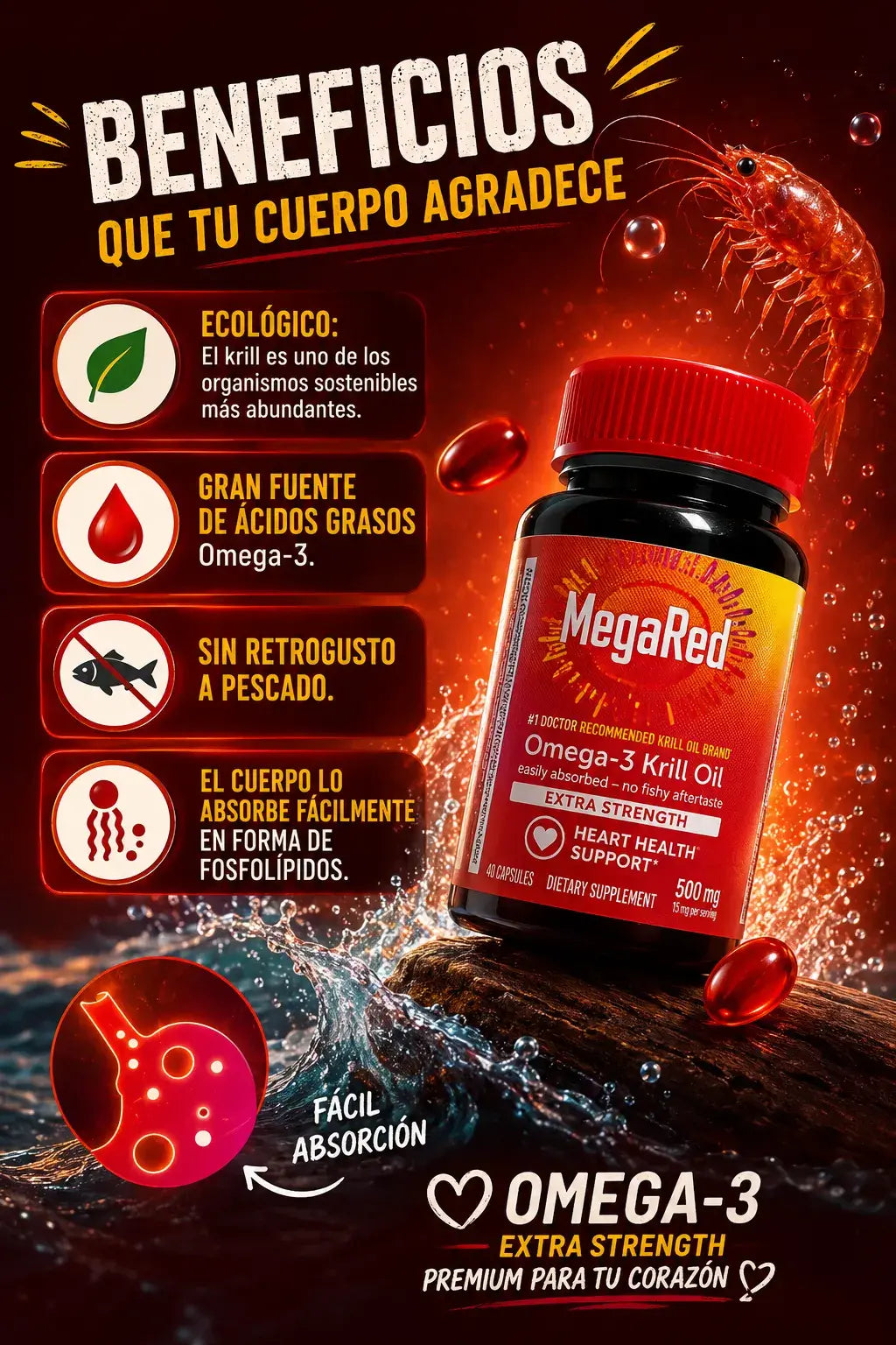 MegaRed® Omega 3 + Krill: Cuida tu corazón, mente y articulaciones.