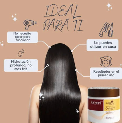 Tratamiento capilar de lujo con colágeno y 100% natural, hidratación y brillo profesional.