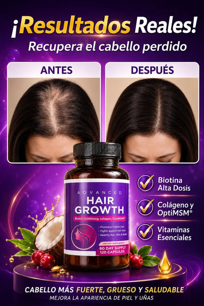 Hair Growth Advanced – Cápsulas para Crecimiento Capilar, Piel y Uñas 120 💊💜