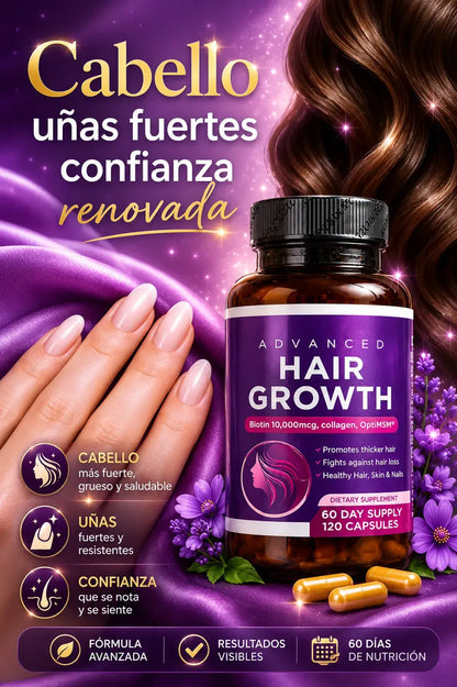 Hair Growth Advanced – Cápsulas para Crecimiento Capilar, Piel y Uñas 120 💊💜
