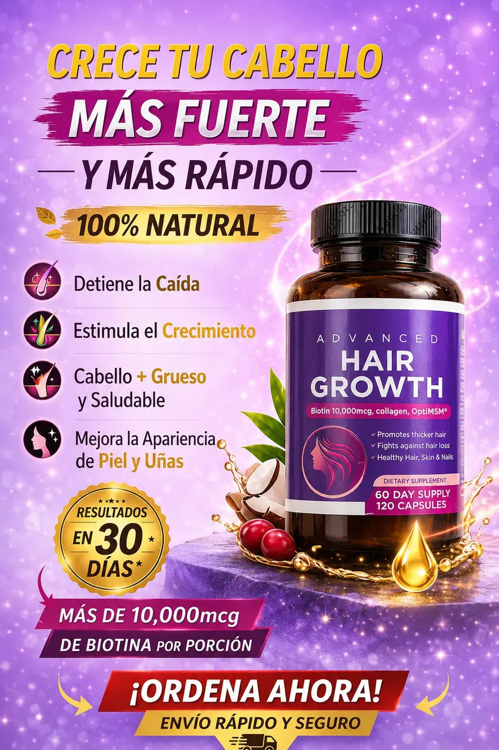 Hair Growth Advanced – Cápsulas para Crecimiento Capilar, Piel y Uñas 120 💊💜