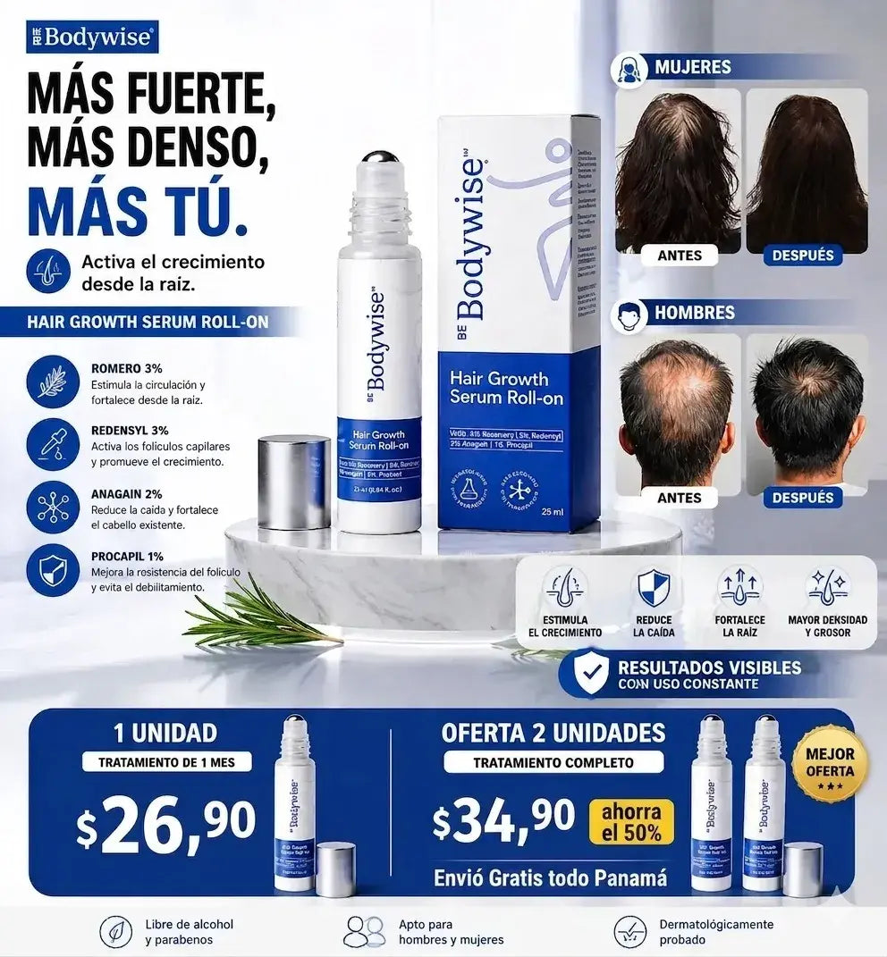 Recupera tu cabello con Bodywise. Detén la caída y luce un cabello mas grueso y abundante desde la raiz